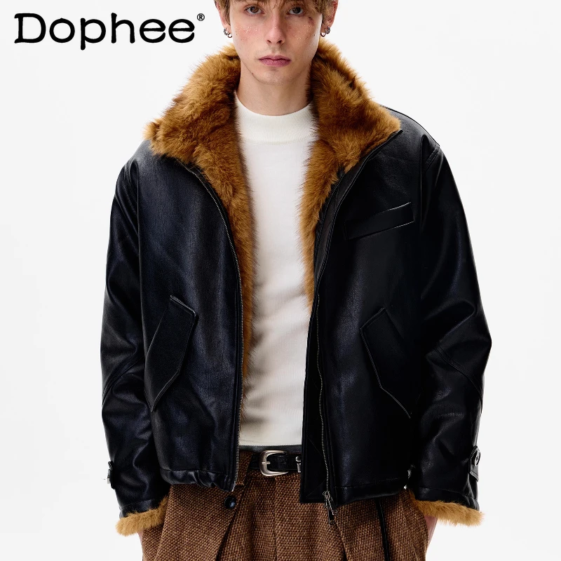 

Men Women 2025 Winter New Thickened Parkas American Style Retro Splicing Design Faux Leather Parkas Long Sleeve Warm Chic Coats