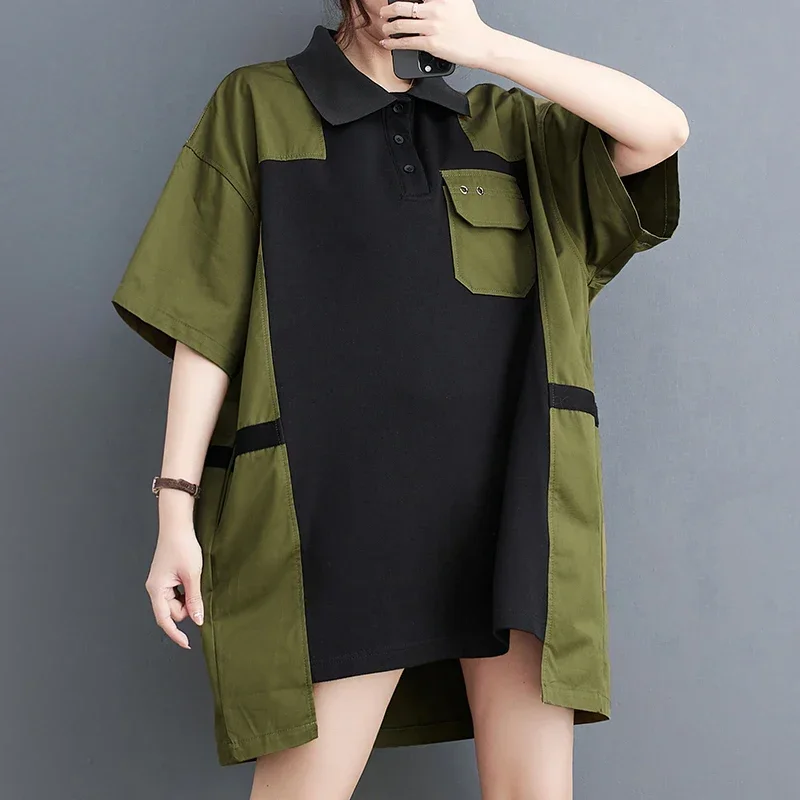 Large Size Women's Military Shirt Polo Tunic Oversized Short Sleeve Color Scheme Summer Casual Wear Loose Fit Tops