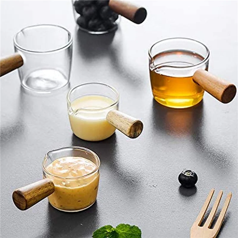 

A63X-6PCS Transparent Glass Creamer With Wooden Handle, Mini Coffee Milk Creamer Pitcher. 50Ml
