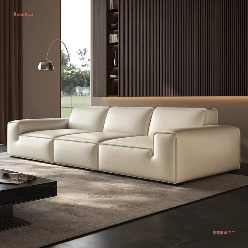 New Large Black Leather Sofa Italian Style Cat Scratching Resistant Living Room Furniture Simple Cream Color Straight Design