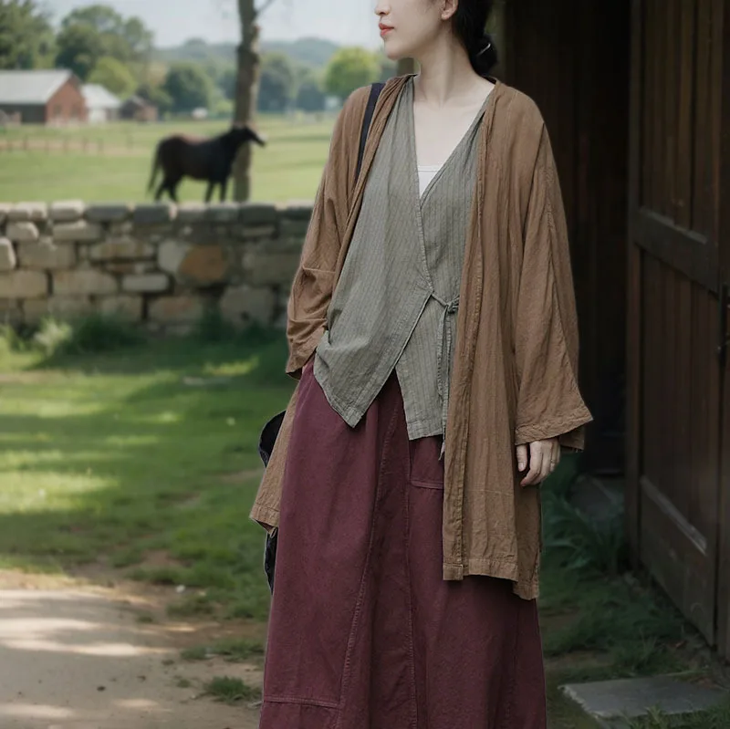 

Cotton and linen women's retro simple thin cardigan with a single product literary buckle-free medium and long outer coat fashio