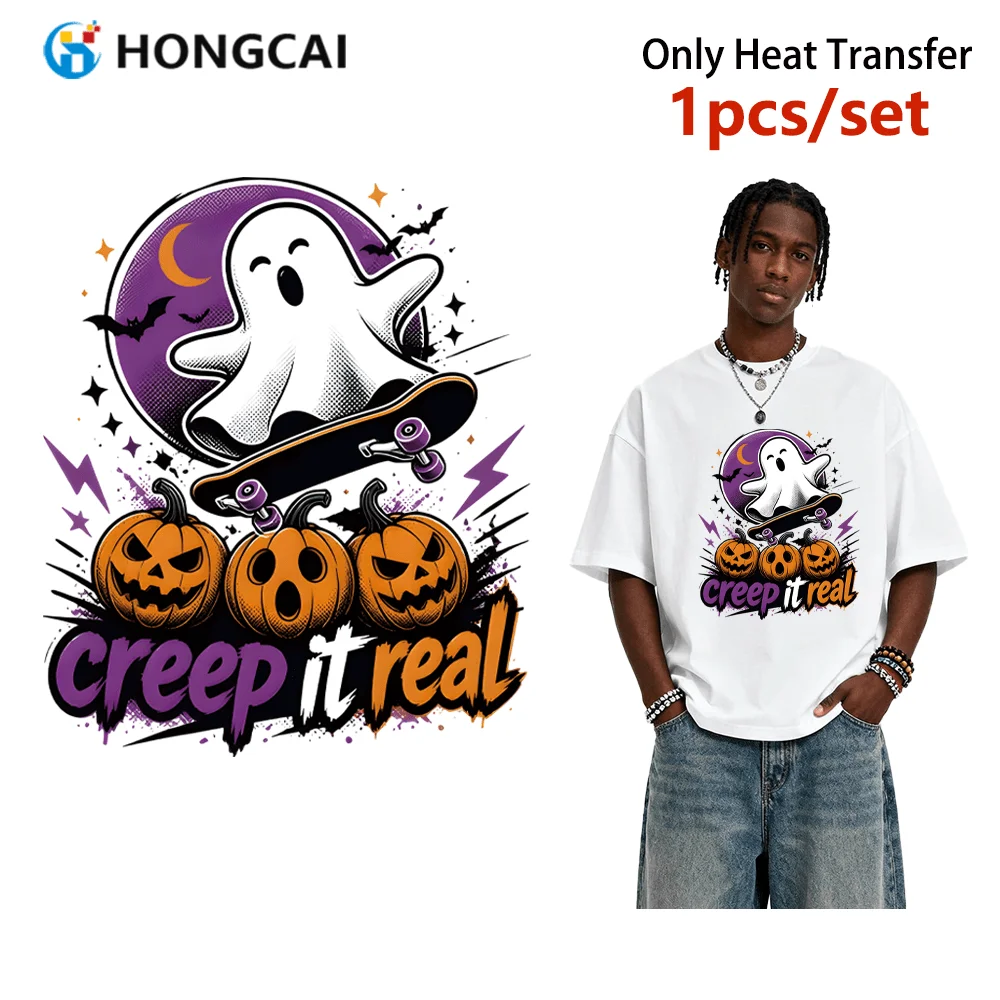 1Pc Halloween Skateboard Ghost Iron-on Patch, for T-shirts Hoodies Canvas Bags, Vinyl, Wash Resistant