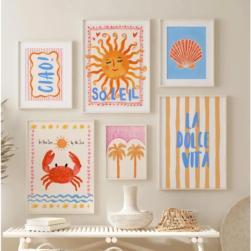 1/6pcs Cute Sun Crab Shell Canvas Printing Summer Palm Tree Ciao Offer Striped Wall Art Poster for Modern Nursery Home Decor