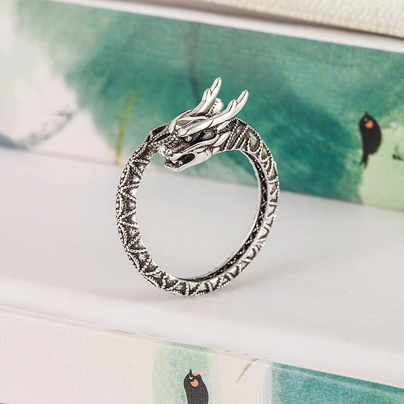 Retro Ethnic Style Dragon Ring For Men and Women Cool Personalized Zodiac Ring Fashion Thai Silver Finger Jewelry KOFSAC