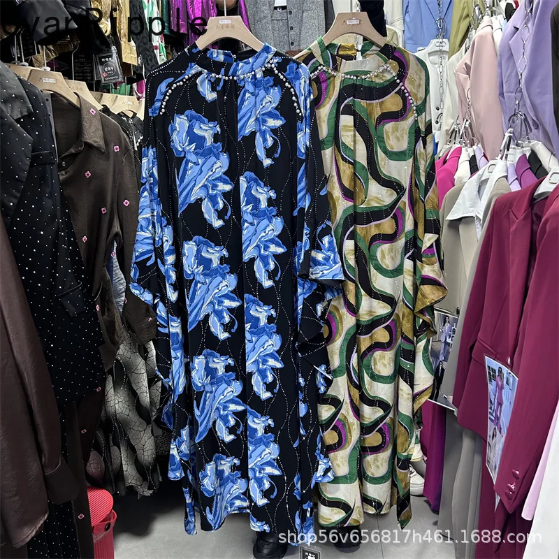 Fashionable Spring Autumn Oversize Batwing Sleeve Women Dress Abstract Pattern Printing Hot Diamonds Beads Casual Straight Dress