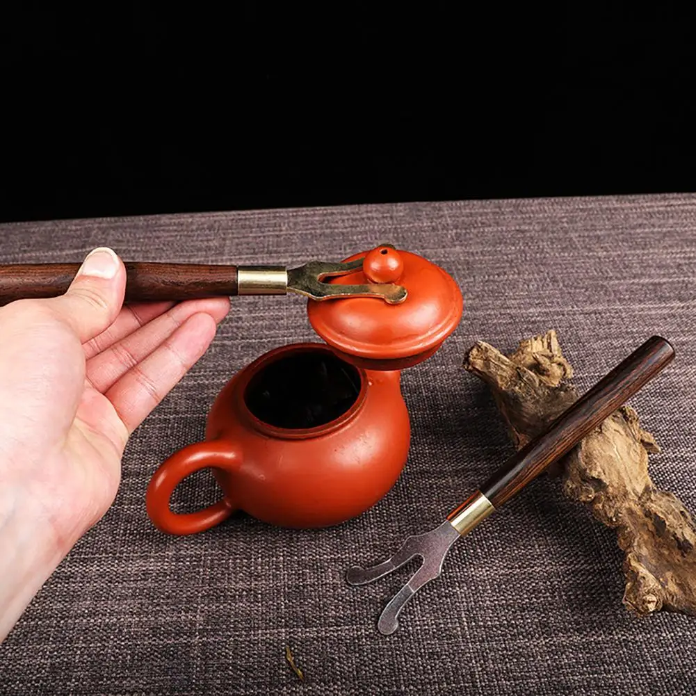 Teapot- Lid Clip Heat Insulation Cast Iron Tea Kettle Cover Fork with Wooden Handle Teaware for Living Room Kitchen Accessories