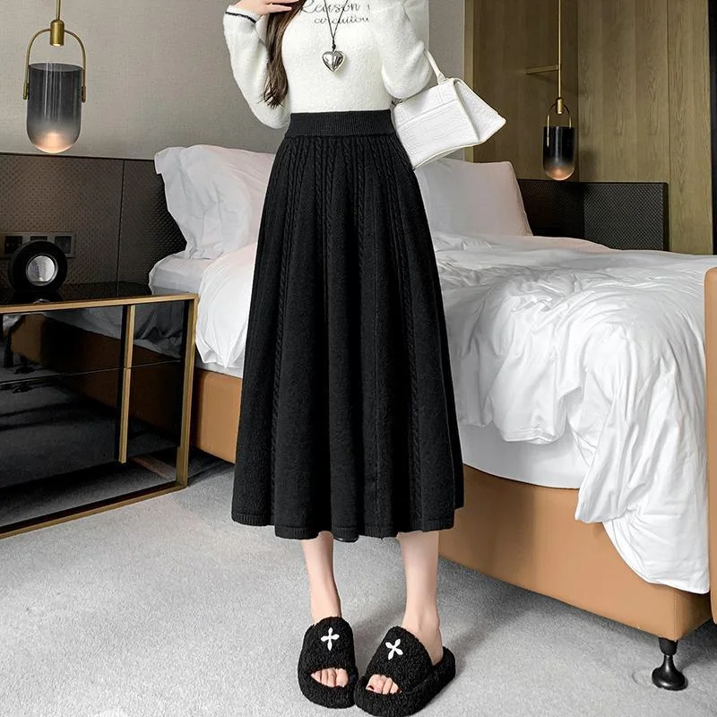 

Women's Slim Mid-length Large Umbrella with Autumn and Winter High-waisted A-line Wool Knitted Pleated Skirt