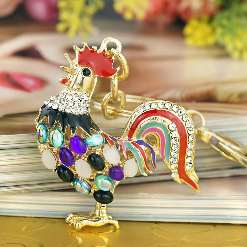 

12pcs/lot Charm Keychains Opals Cock Rooster Chicken Crystal Bag Pendant Key Ring Key Chains Wholesale Lots Bulk Jewelry PK131