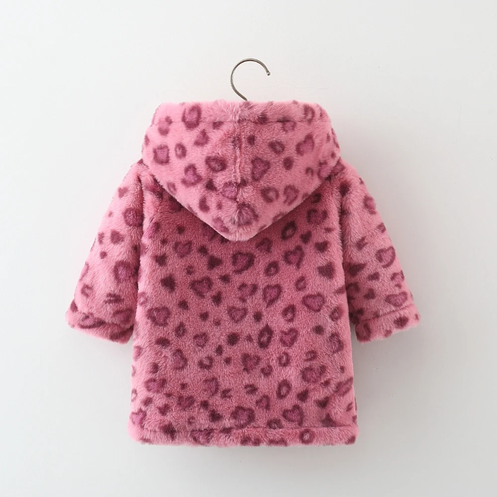 Winter Casual Girls\' Wool Sweater Baby Girl\'S Pink Leopard Print Single Breasted Hooded Wool Sweater Jacket