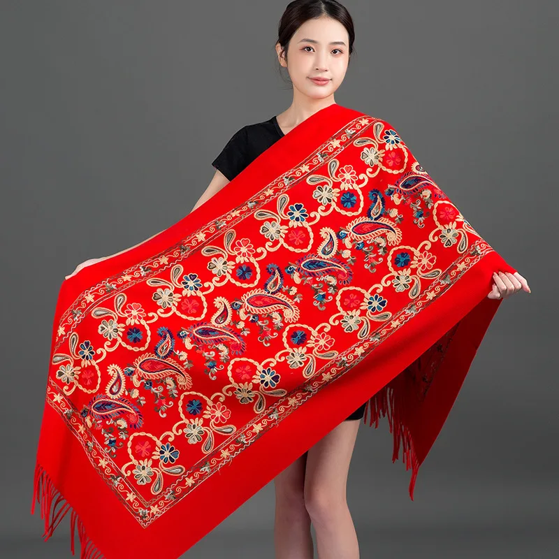 Women New Autumn Winter Embroidery Shawl Thick Warm Cashmere Pashmina Scarves Wrap Bufanda Travel Reversible Long Scarf 200*70CM