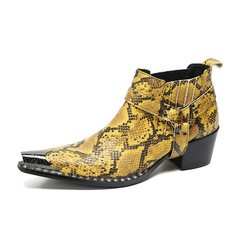 

Circle Metal Snake Pattern Dress Ankle Boots For Men High Heels Yellow Color Man Shoes Banquet Leisure Real Leather Boots