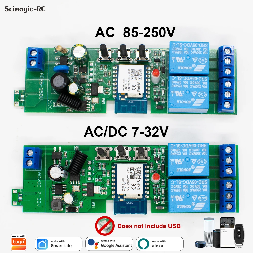 Smart Home Switch Module 1/2/4CH DC5V 7-32V AC220V 85-250V RF 433Mhz Wifi Relay Intelligent Controller Work With Tuya Alexa
