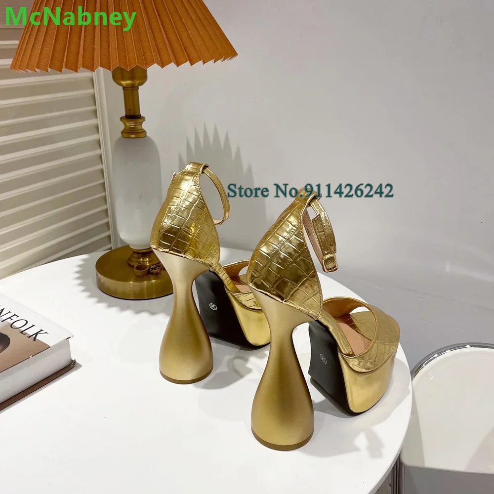 Gold Strange Heel Platform Round Toe Sandals For Female Women Ankle Strap With Buckle Shallow Handmade Runway Fashion Shoes