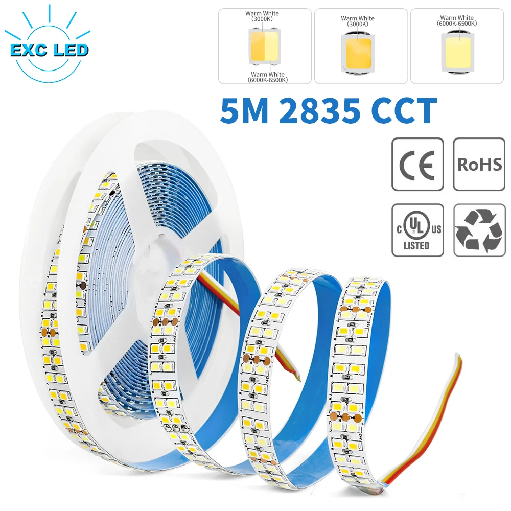 ไฟ LED แถบ LED หรี่แสงได้5M SMD 2835 CCT 120LEDs/M 180LEDs/M 240LEDs/M 336LEDs/M ไฟสีปรับอุณหภูมิได้ DC12V 24V