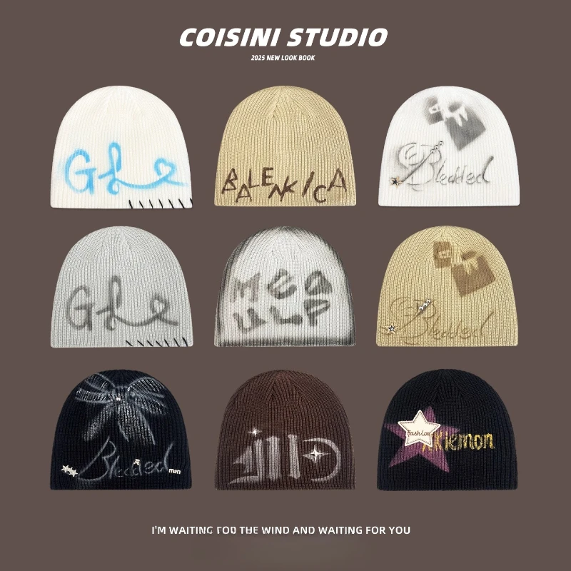 الرجعية الكتابة على الجدران الطباعة البلوز قبعة للنساء الرجال الهيب هوب Y2K Skullies للجنسين الشارع موضة رسالة محبوك ترهل الأغطية