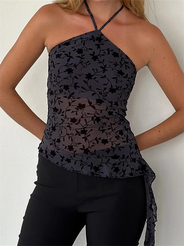 Chronstyle Vrouwen Haltervest Slim Fit Doorzichtig Mouwloos Rugloze Onregelmatige Zoom Bloemenprint Crop Tops Voor Zomertank 2024