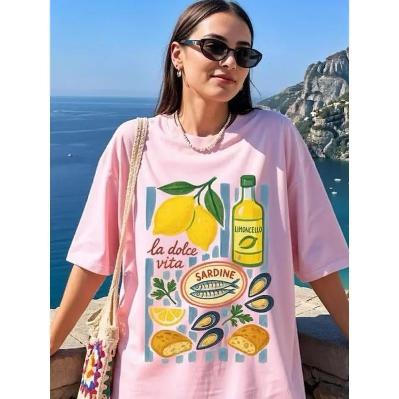 American Vintage 100% Cotton Summer Beach Lemon Marine sardine Print Spicy Girls Loose ins Y2K Women's Round Neck T-shirt