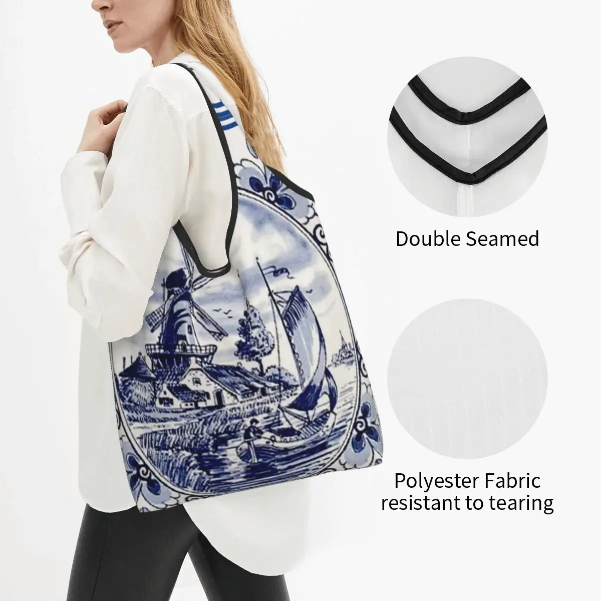 Dutch Blue Delft Vintage Windmill Print Portable Tote Shopping Bags Reusable Shopper Bag Grocery Handbag Shoulder Bag