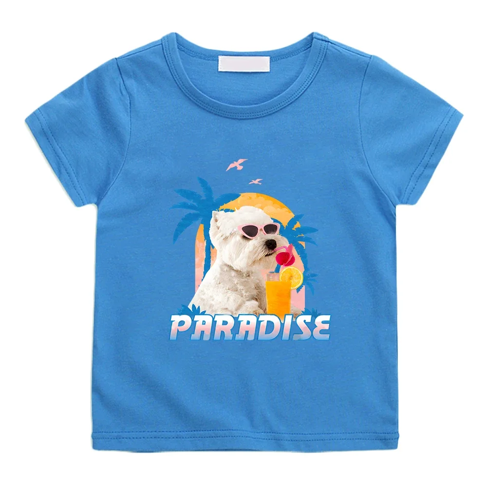 Paradise Dog Summer Tee-shirt 100% Cotton Kawaii Cartoon Printing T-shirt Boys and Girls Short Sleeve Tshirts Cute Graphic Tees