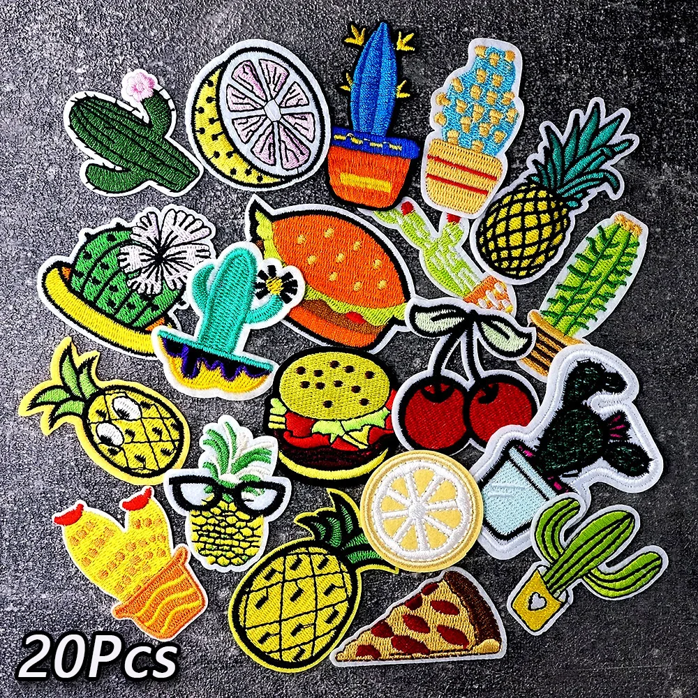 20pcs/Lot Cactus Pineapple Hamburger Patches for Clothing Embroidery Applique Ironing Supplies Decorative Iron on Patch Parches