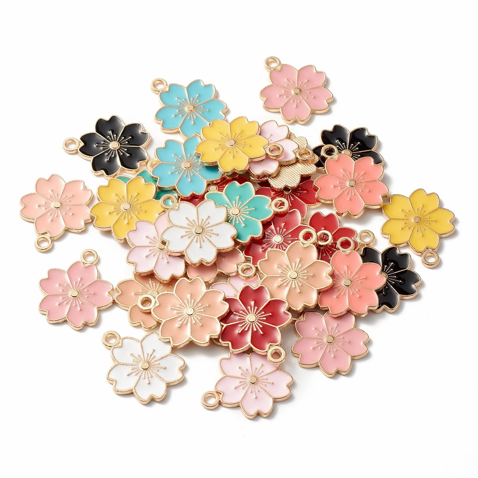 PandaHall 100pcs Sakura Flower Light Gold Mixed Color Alloy Enamel Pendants