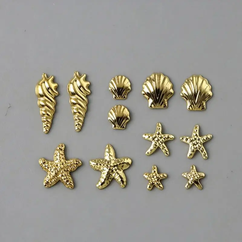6er-Set Goldene Muschel- und Seestern-Nagelcharms, 3D-Muschel-Nagelkunst-Dekorationen, Sommer-Metall-Nagelstecker, Maniküre-Nagelzubehör – Detail 3