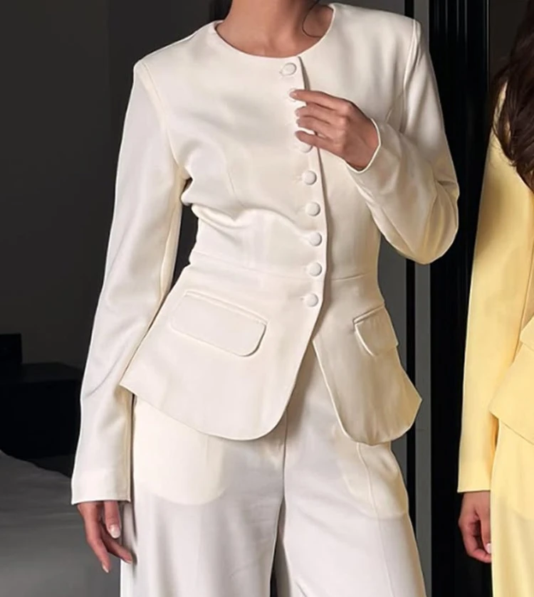 

Temperament, Professional Style, High-end Feel, Solid Color Round Neck, Waist Cinched Suit Jacket, Long Pants Set, 2025