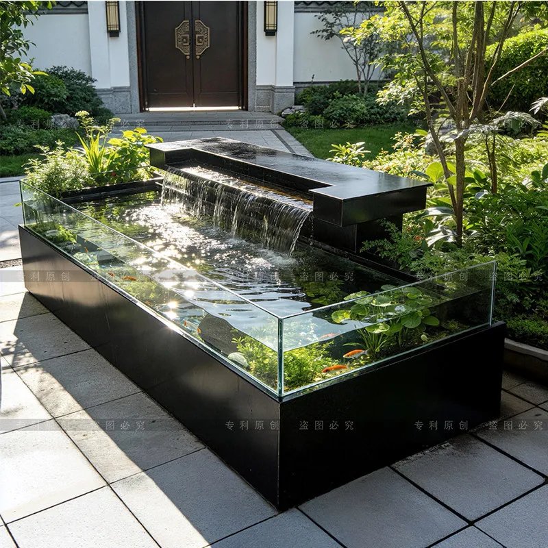 Fish pond finished product, flowing water stacked spring ecological terrace landscaping outdoor large fish tank new stainless
