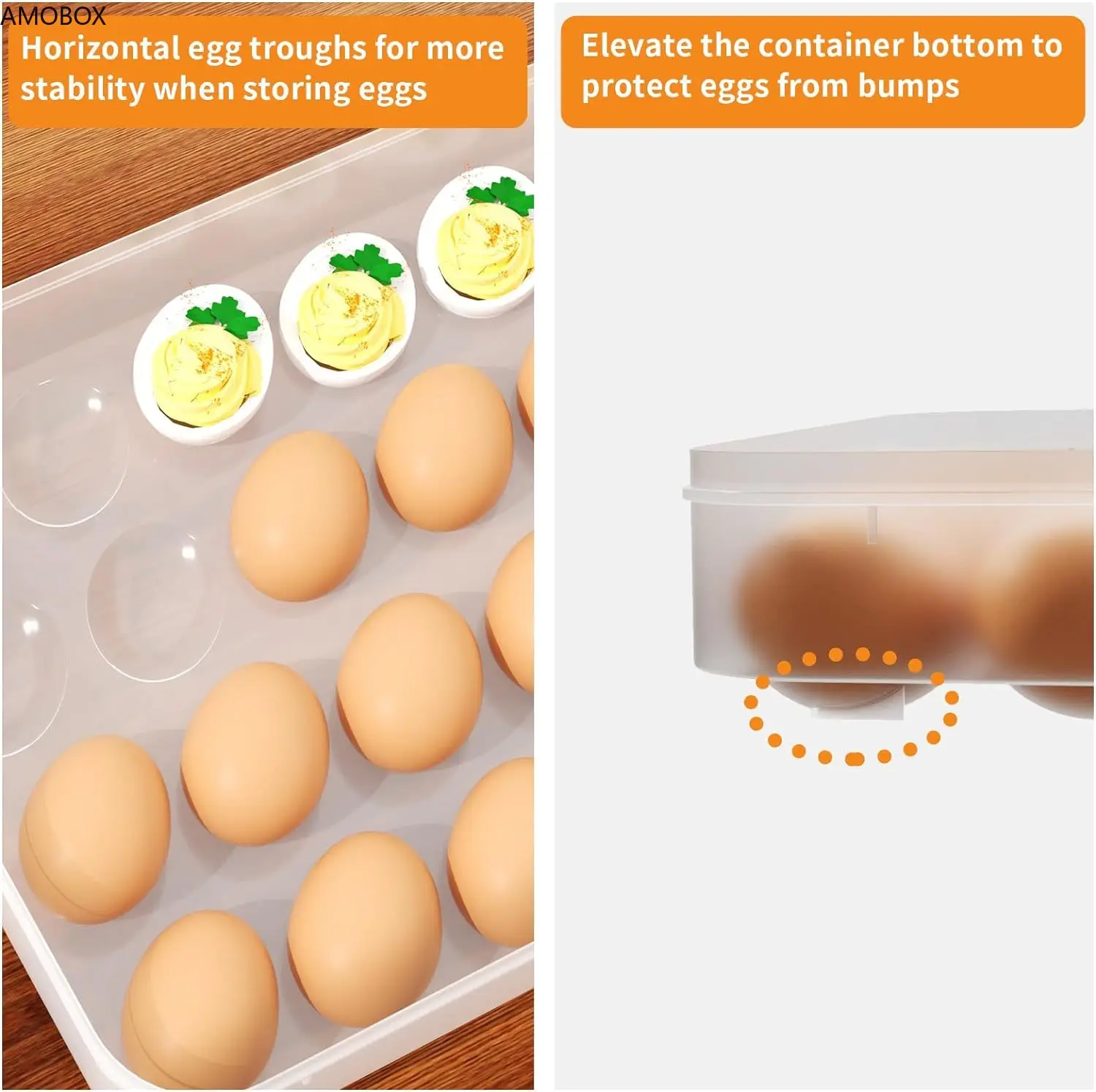 AMOBOX-Egg Container with Lid,Plastic Holder for Refrigerator, Clear Storage,Fridge Stackable Countertop, Portable, 24 Eggs