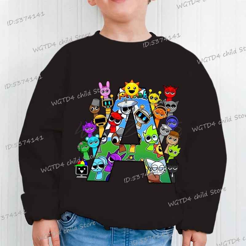 سويت شيرت أسود Sprunki Kawaii الأبجدية ملابس أطفال موضة بنين بنات كم طويل بدون غطاء للرأس بلوفر كارتوني لعبة الرعب