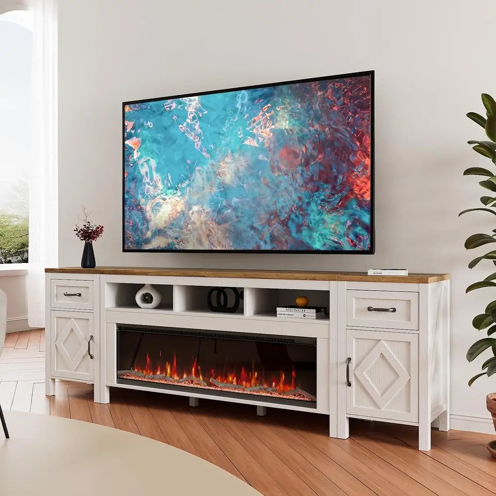 

95 Inch TV Stand with 50 Electric Fireplace, White Entertainment Center for Living Room Storage