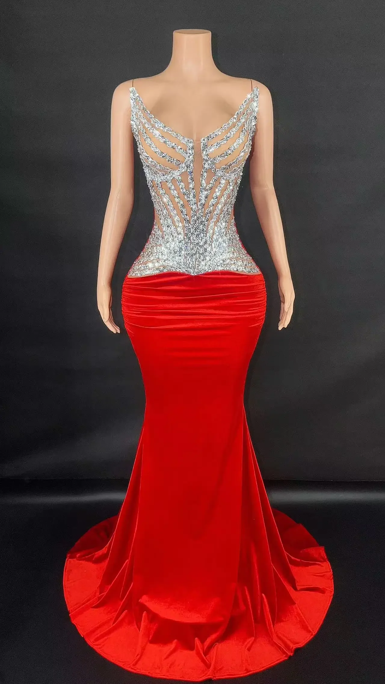 

Evening Celebrate See Through Mesh Birthday Celebrate Performance Costume Fashion Design Crystals Transparent Dress