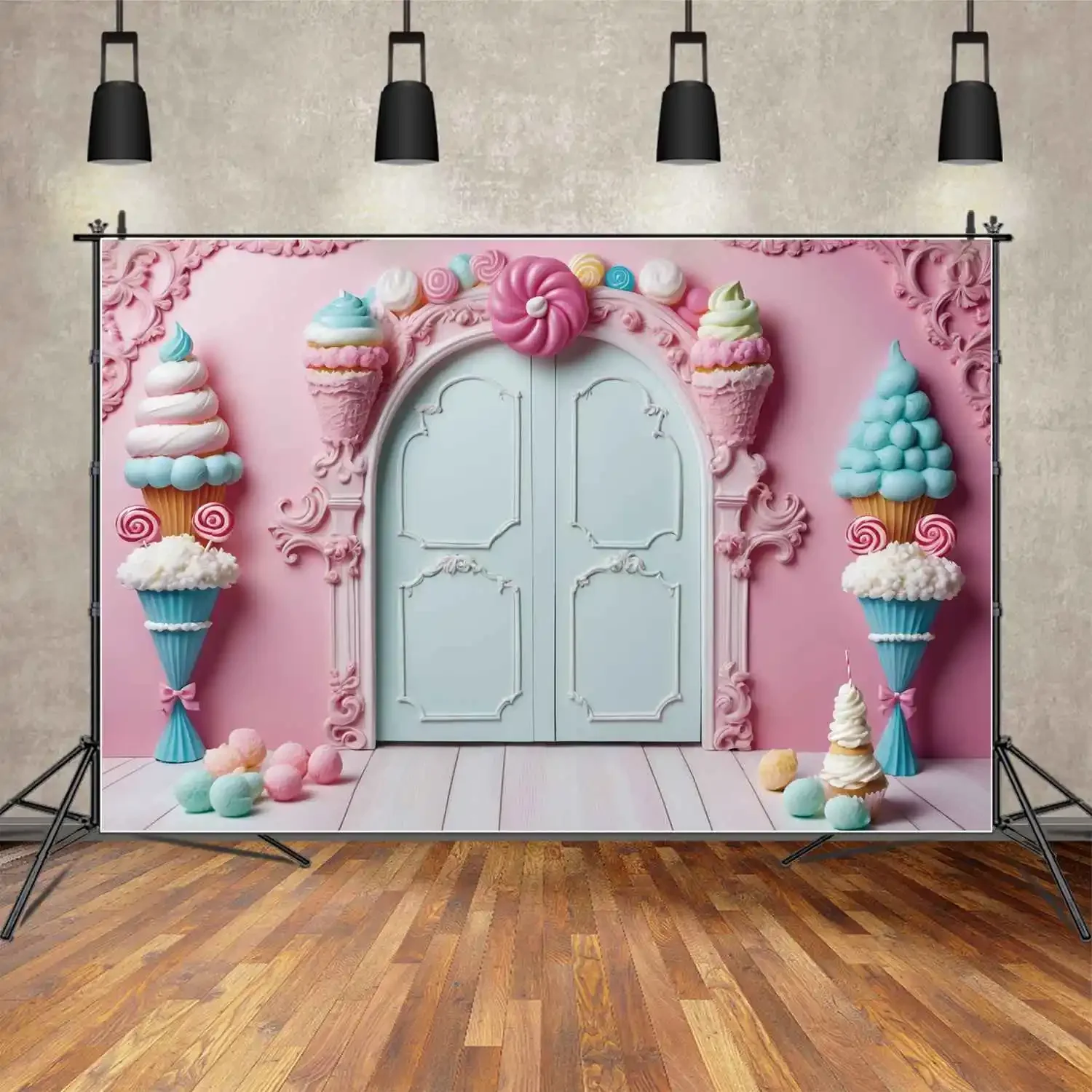 

MOON.QG Backdrop Girls Princess Birthday Banner Decoration Background Pink Baroque Wall Door Cake Lollipop Photography Props