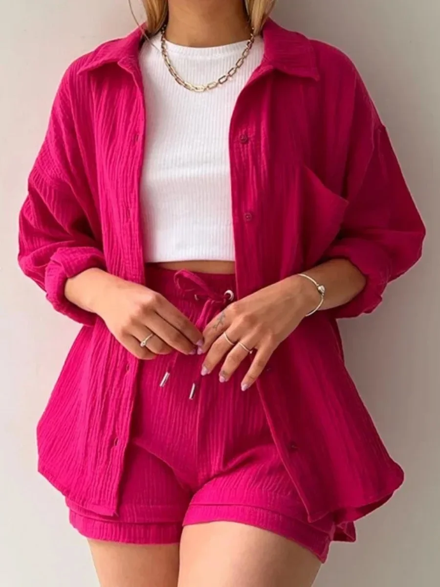 Solid Pleated Two Piece Set For Women Summer Women's Two Piece Casual Long Sleeve Short Sets Fashion Button Outfits Suit