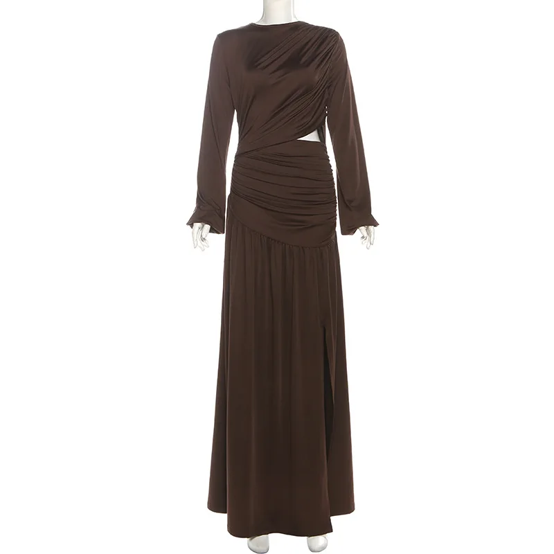

Ticketsx Solid Ruched Split Long Dress Round Neck Hollow Out Patchwork Slim Long Sleeve Dress Women Elegant Party Evening Dress