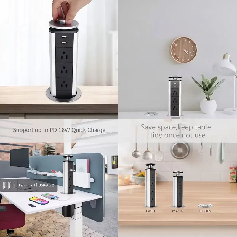 Pull-up 3 AC US Power Outlet 2 USB Charging Port Table Socket Countertop Countertop Kitchen Pop-up Tower Strip Socket