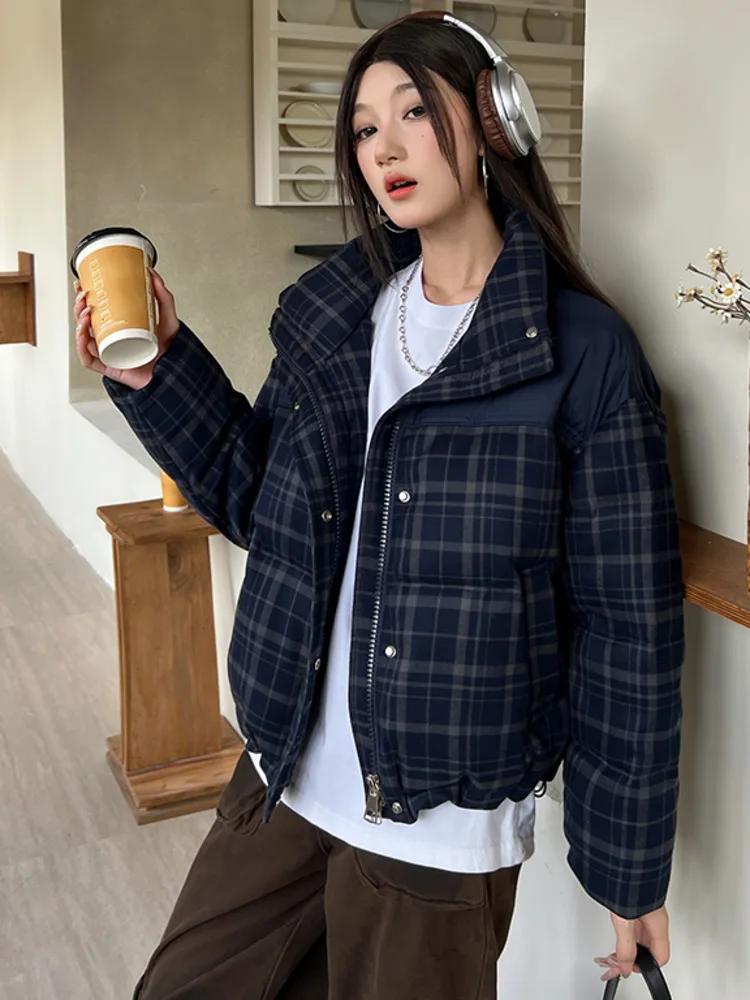 

Модная уличная куртка в клетку с хлопковой подкладкой и принтом, женские зимние лоскутные короткие парки, студенческие пальто, теплая свободная верхняя одежда