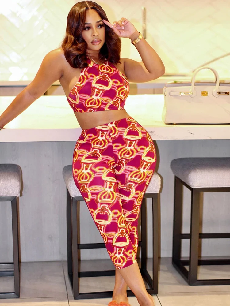 

kliou Aesthetic Print Women 2 Piece Set Summer Popular Stunning Backless Crop Tanks+High Waist Shorts Female Trend Clubwear Suit