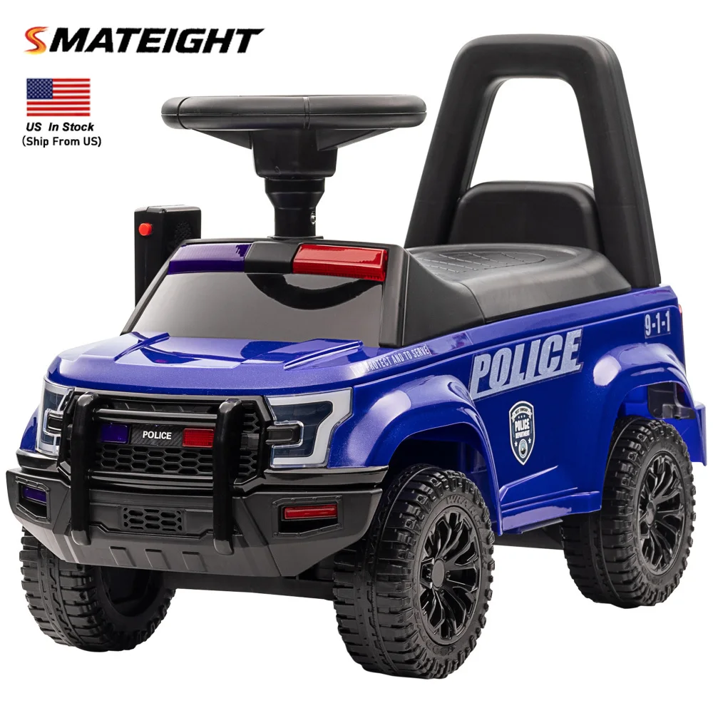 Samochodzik do pchania dla dzieci z funkcją PA i klaksonem, w stylu ciężarówki policyjnej z schowkiem pod siedzeniem dla chłopców i dziewczynek w wieku 3+