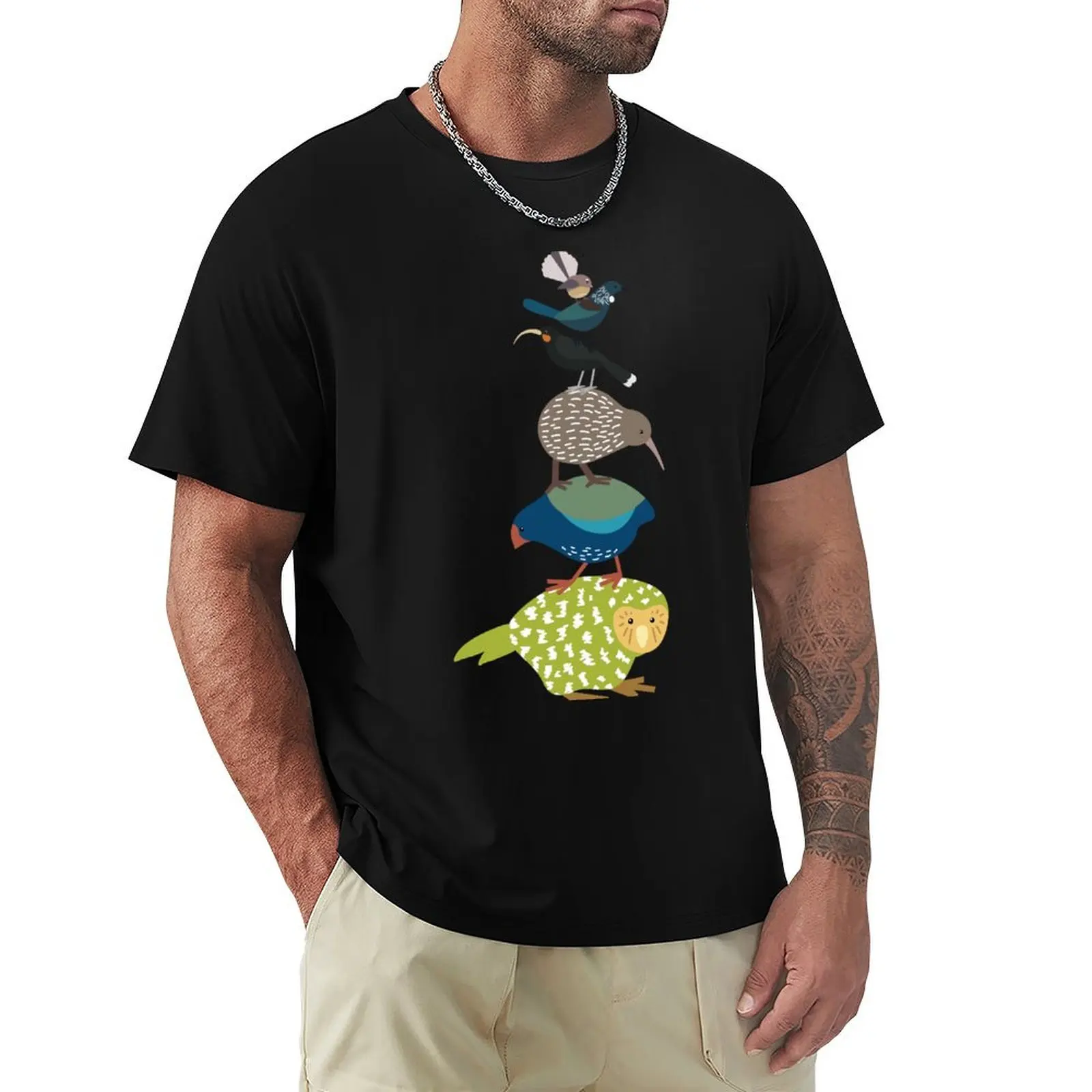 Stacked Birds Of New Zealand - Kiwi, Kakapo, Tui, Fanatail, Kaka, Kea T-Shirt Stain Resistant Casual Tee