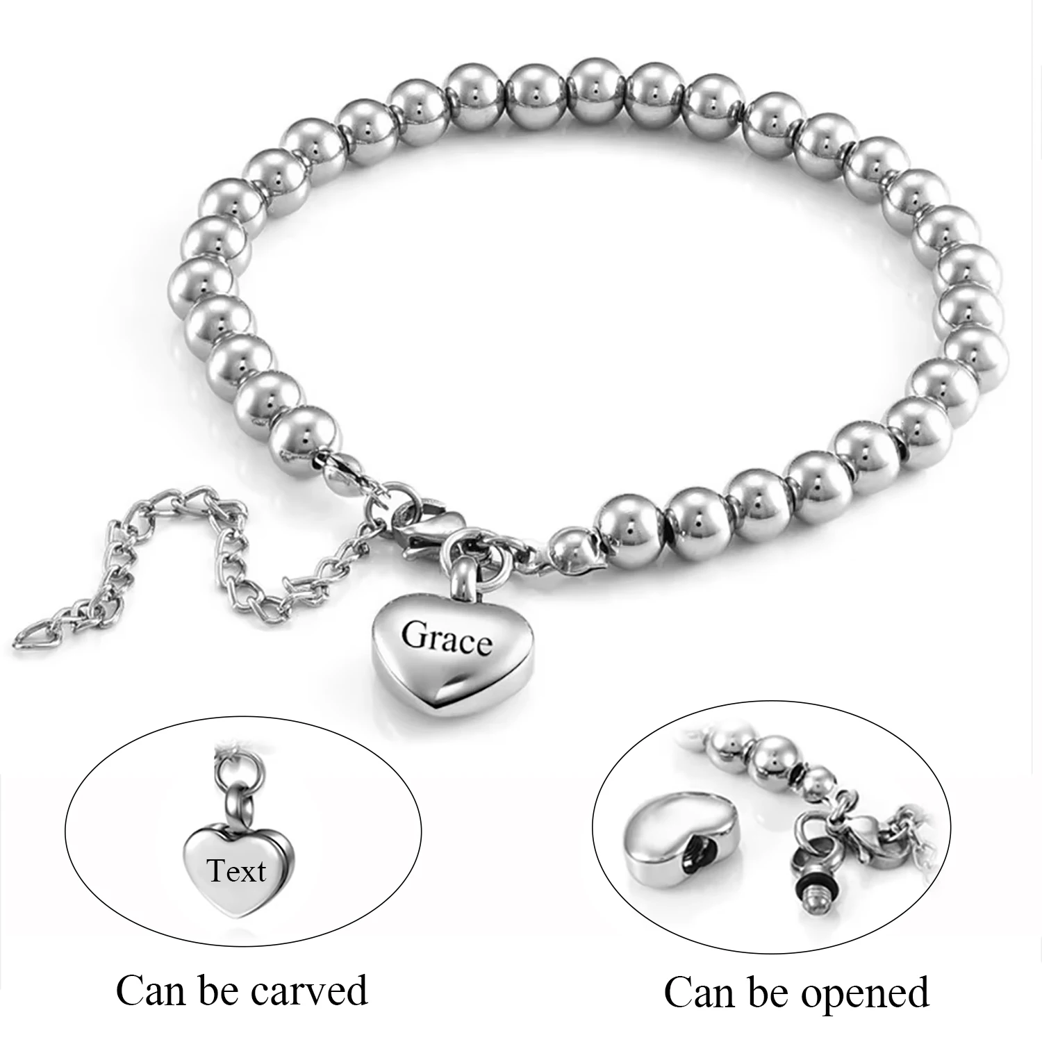 Stainless Steel Bead Heart Urn Bracelets Jewelry for Cremation Ashes Memorial Keepsake Personalized Engraved Gift