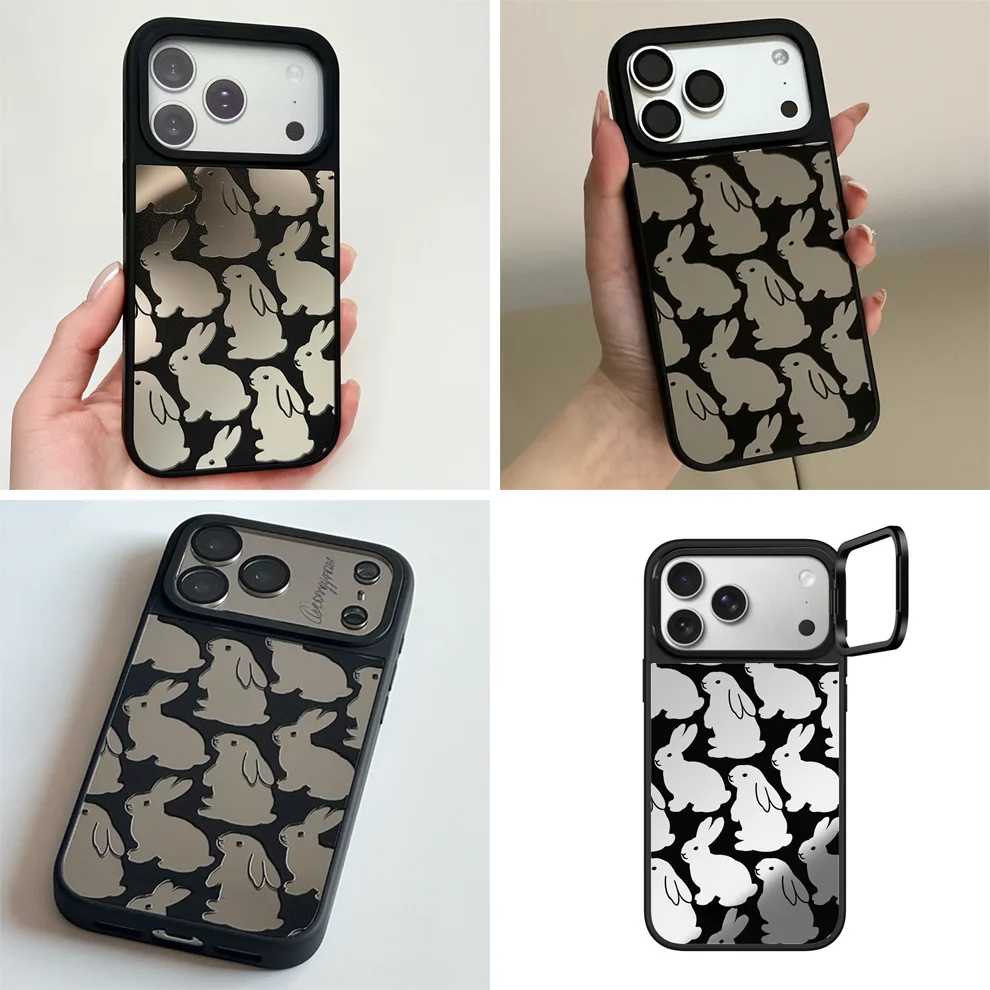 

Camera Ring Stand Rabbit Mirror Surface Pattern Phone Cover for IPhone 14 15 16 17 Pro Max Case for IPhone 17Pro