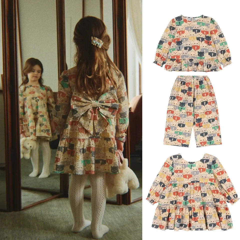 Girls Casual Dresses 2026 Autumn New Printed Kitten Fashion Children's Long Sleeved Pure Cotton Cute Doll Shirt top Pants Set