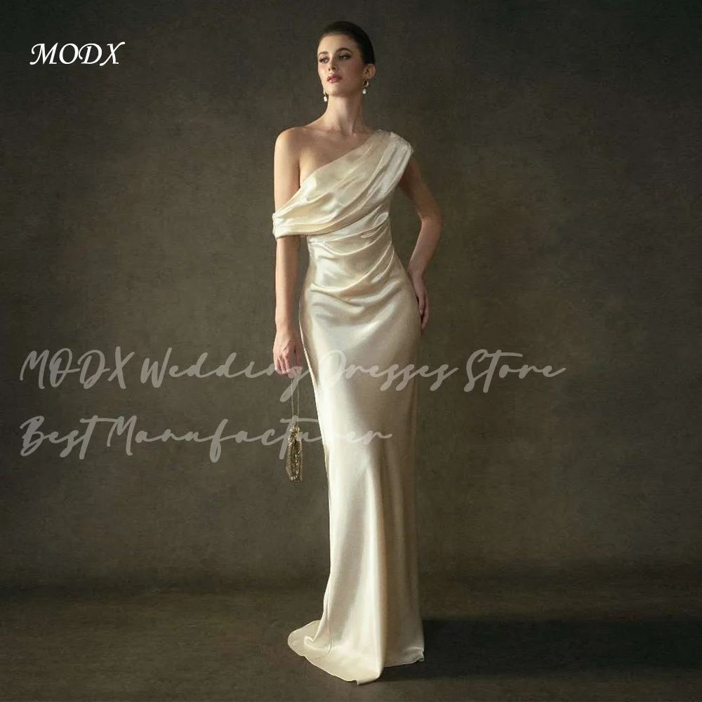 MODX Elegant Ivory Wedding Dress One-Shoulder Ruched Bodice Satin Sheath Silhouette Floor Length Formal Party Evening Gown