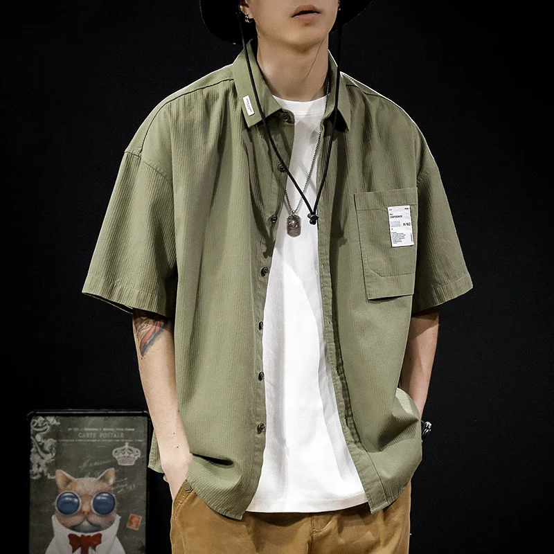 2023 빈티지 반팔 소셜 셔츠 남성용, 루즈 캐주얼 카디건, 카고 셔츠, 프레피 스트리트웨어, 플레인 블라우스, 여름 패션 