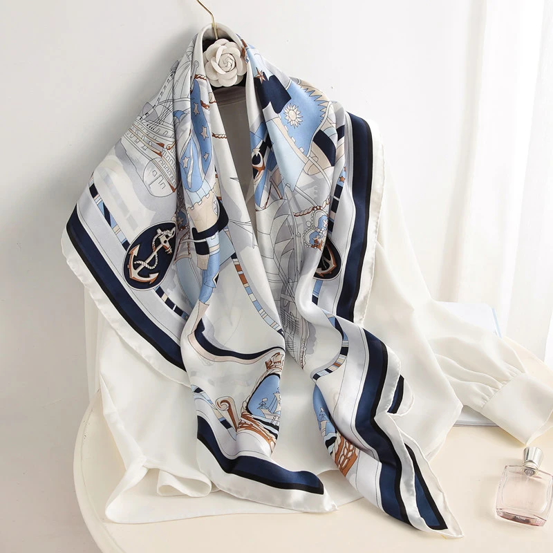 90*90cm Women Square Silk Scarf Luxury Brand Large Shawl Neckerchief Print Headband Female Foulard Bandana Wraps Hijab Scarves