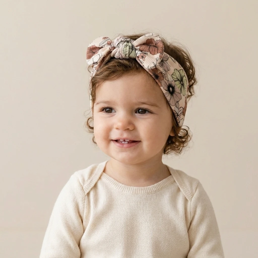 Floral Print Baby Bow Headband, Cable Knit Wide Nylon Turban Head Wraps Baby Shower Gift KIds Girls Hair Accessories