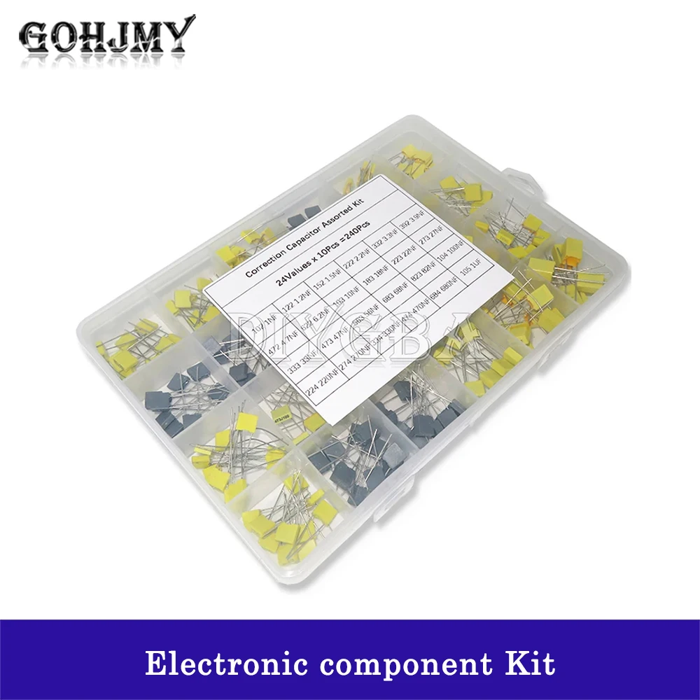 24Values*10Pcs Correction Capacitor Assorted Kit 240PCS/Set 63V-100V 102J-105J Polypropylene Safety Plastic Film Capacitors