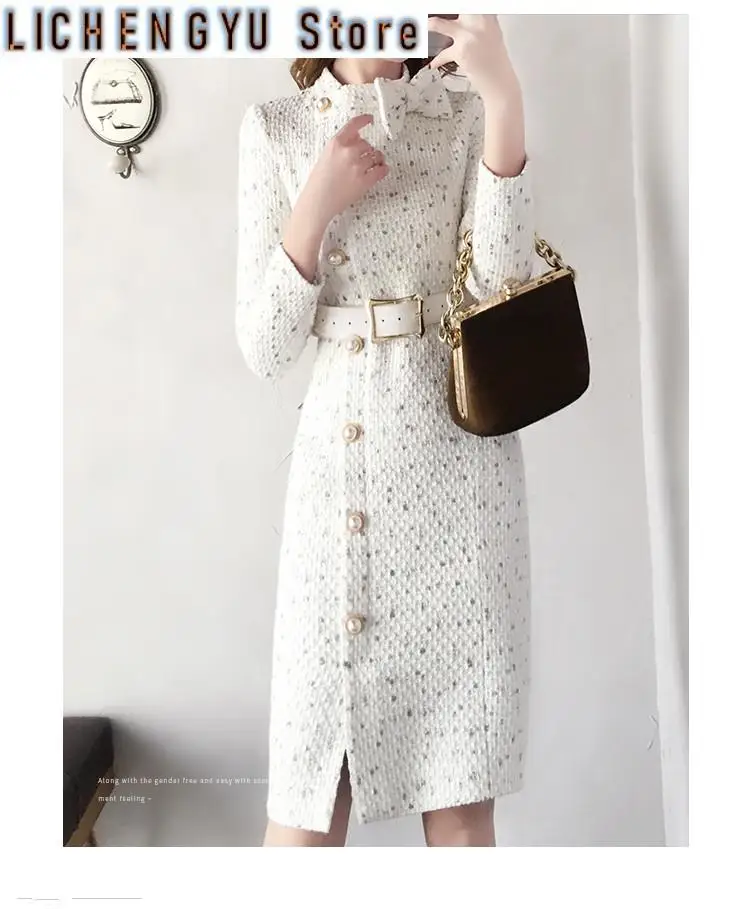 New Arrival Autumn Winter Runway Women Elegant Tweed Dress Bow Collar Long Sleeve Female Fashion Chic Vestidos
