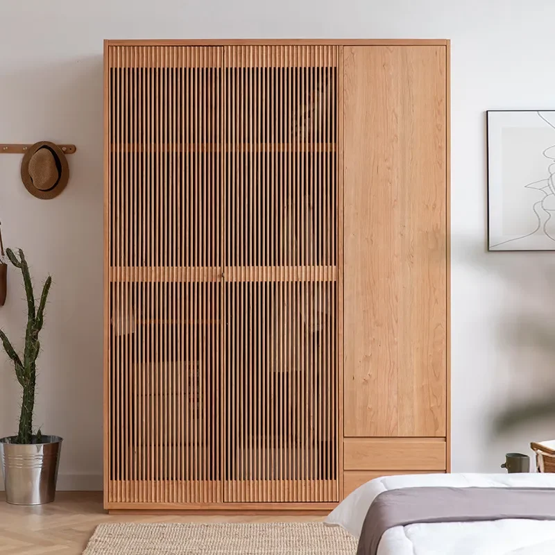 for Nordic Japanese Style Cherry Wood Wardrobe All Solid Wood Simple Modern Casement Grille Door Three Door Coat Cabinet